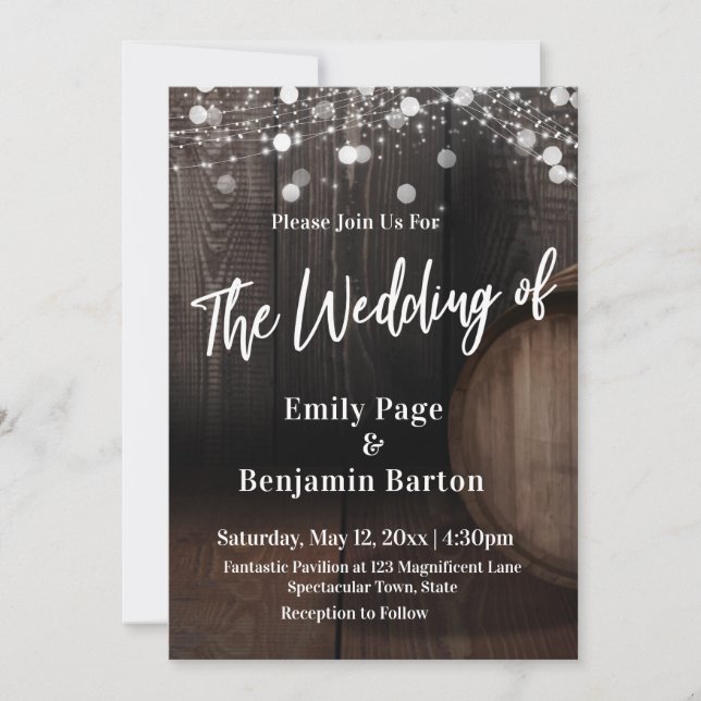 Invitation Bois Vin Baril Lumières Décontracté Le Mariage de (Devant)