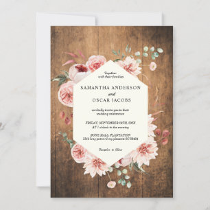 Invitation Bois vintage et aquarelle Pastel Fleurs Mariage I