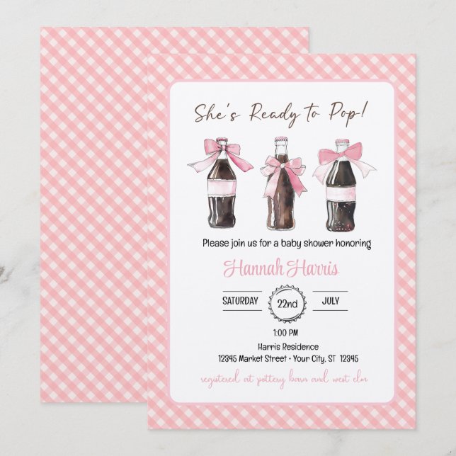 Invitation Boisson gazeuse rose pour bébé fille prête à POP B (Devant / Derrière)