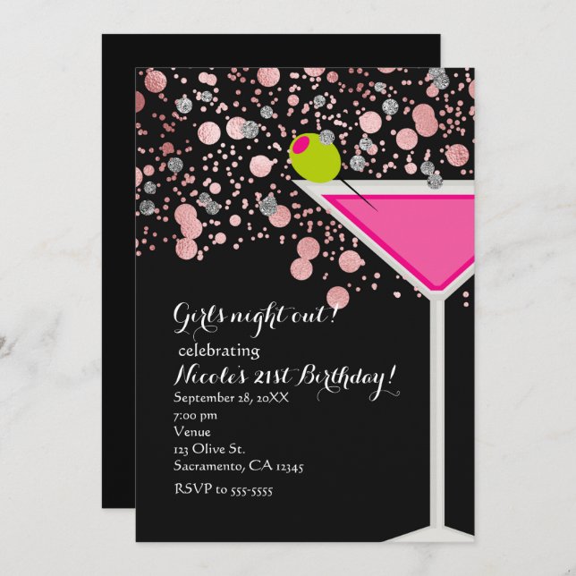 Invitation Boisson Martini rose avec soirée Confetti d'olive (Devant / Derrière)