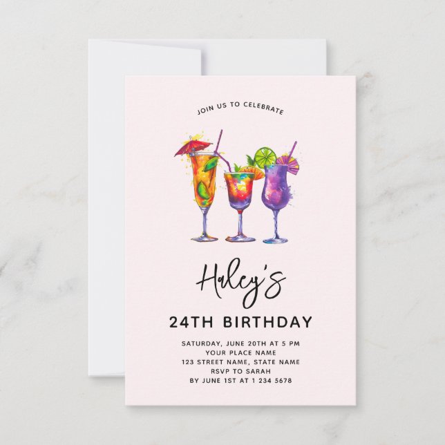 Invitation Boissons à l'aquarelle Fête d'anniversaire 24 ans (Devant)