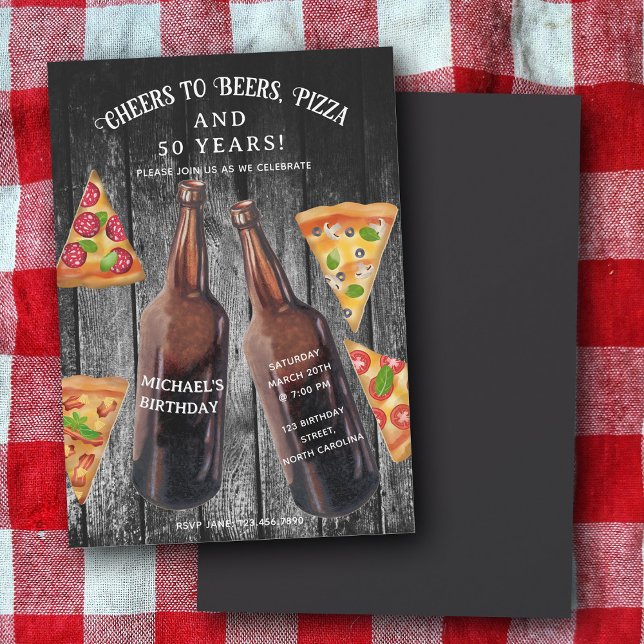 Invitation Boissons Cheers Pizza 50e anniversaire de bière (Cheers Beers Pizza 50th Beer Birthday Party Invitation)