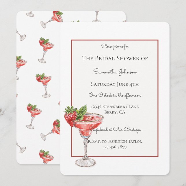 Invitation Boissons Cocktail de Fraise Enterrement de Vie de  (Devant / Derrière)