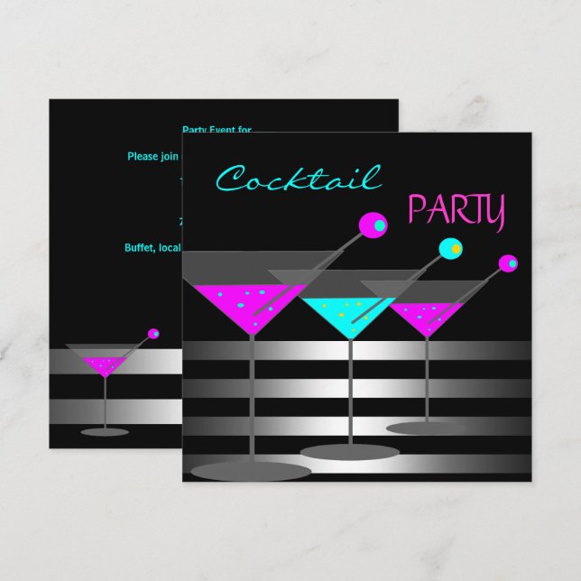 Invitation Boissons Cocktails de fête Martini Sarcelle Rose (Devant / Derrière)