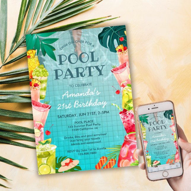 Invitation Boissons de fruits tropicaux Piscine Fête Adulte A (Tropical Fruit Drinks Pool Party Adult Birthday Invitation)