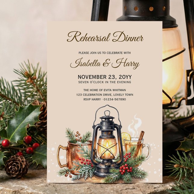 Invitation Boissons de Lanterne d'Hiver Dîner de Répétition (Rehearsal Dinner invitation for the winter and christmas holiday season by Darling & May)