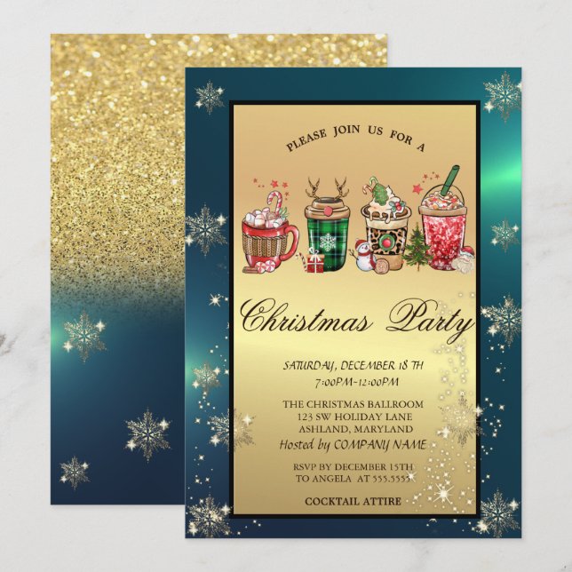 Invitation Boissons de Noël Entreprise Flocons de neige Fête (Devant / Derrière)