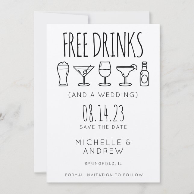 Invitation Boissons gratuites et mariage Enregistrer la date (Devant)