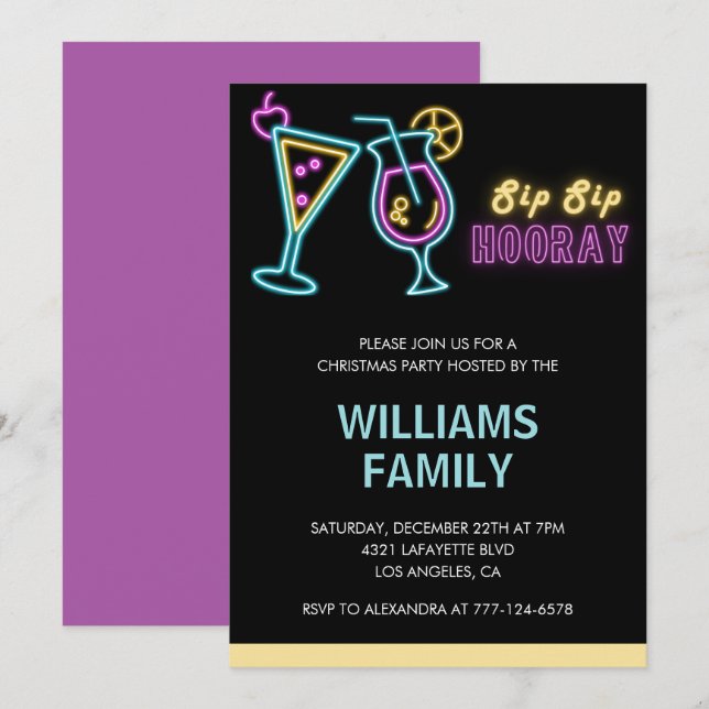 Invitation Boissons néon Cocktail de fête de Noël (Devant / Derrière)