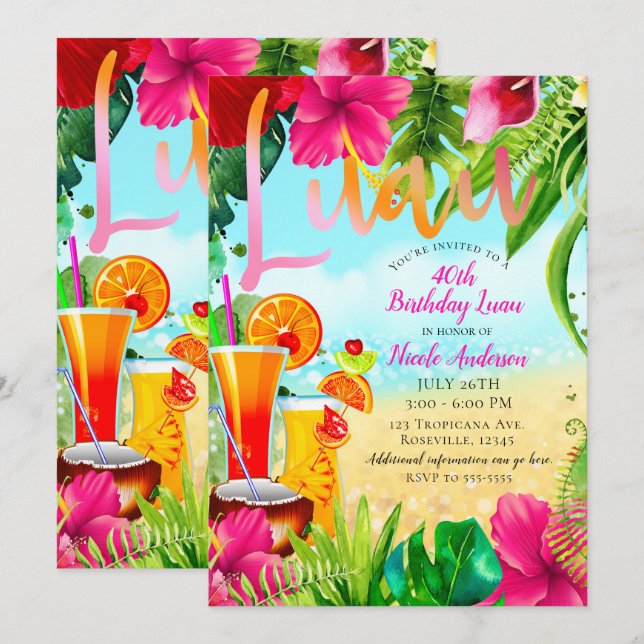 Invitation Boissons tropicales et fleurs Fête d'anniversaire  (Devant / Derrière)