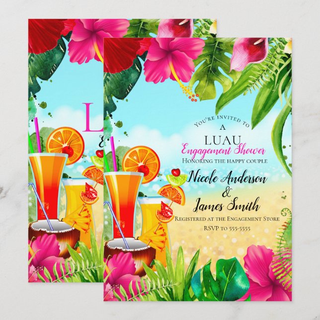 Invitation Boissons tropicales et fleurs Luau d'été de fiança (Devant / Derrière)