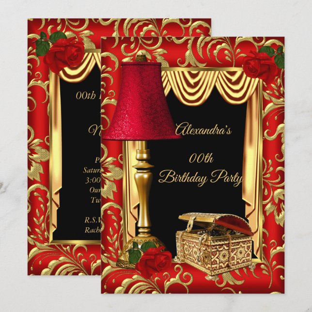 Invitation Boîte à lampe Roses aux rideaux dorés rouges Fête  (Devant / Derrière)