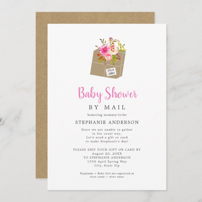 Invitation Boite d'expédition rose Floral Baby shower fille p (Devant / Derrière)