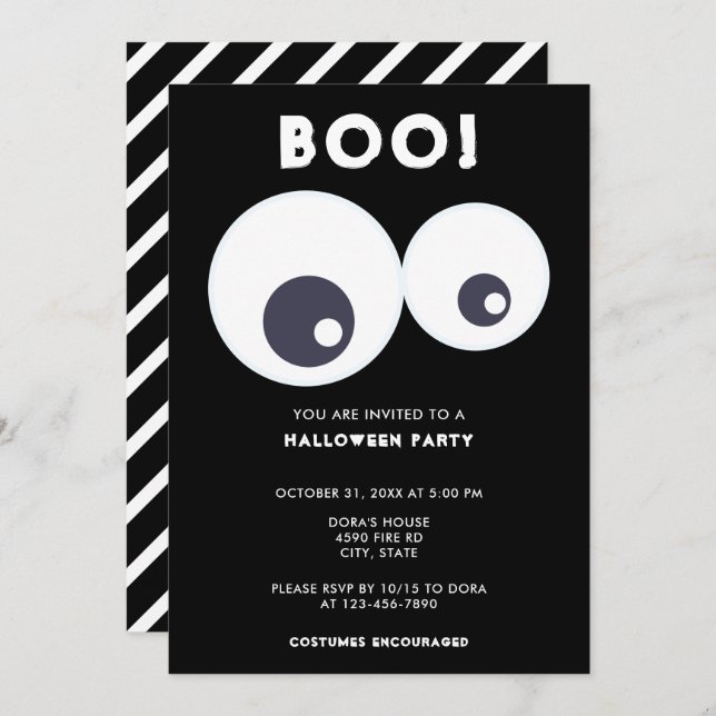 Invitation Boite mignonne Eyeballs Halloween Party Noir & Bla (Devant / Derrière)