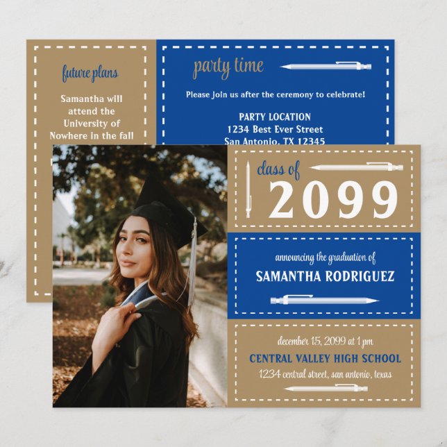 Invitation Boîtes et crayons à pointes bleu et or (Devant / Derrière)