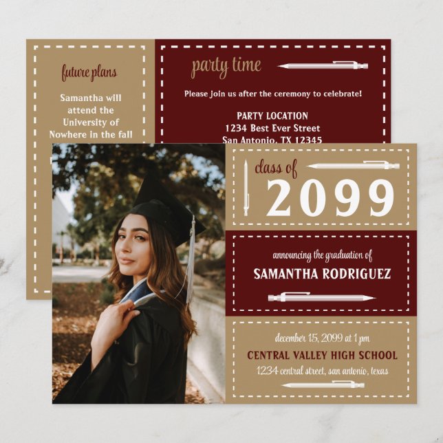 Invitation Boîtes et crayons à pointes marron et or (Devant / Derrière)