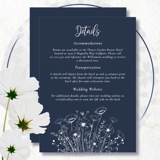 Invitation Boîtier de détails floral Fleur sauvage bleu marin (Créateur téléchargé)