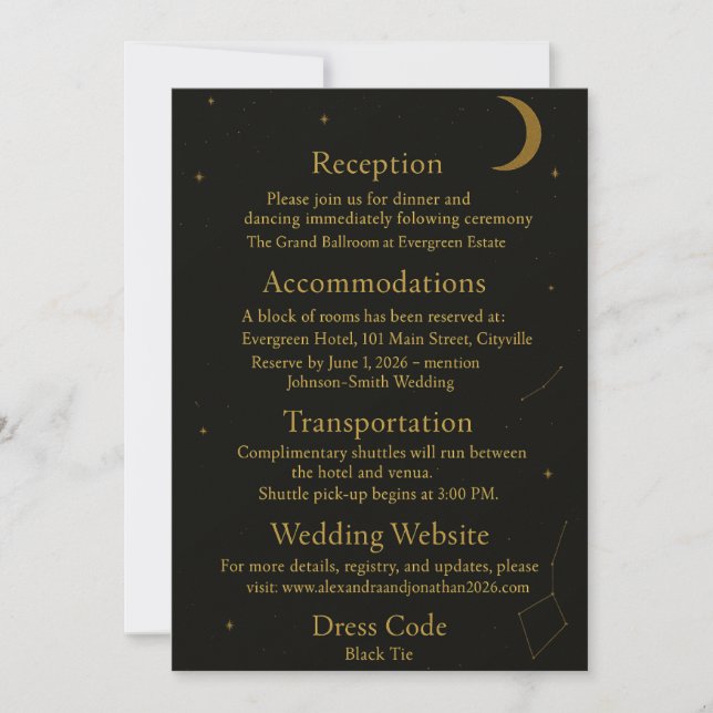 Invitation Boîtier Mariage céleste élégant noir et or (Devant)