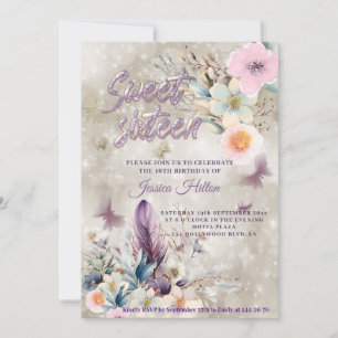 Invitation Bokeh à la crème sweet sixteen fleuri à la papillo