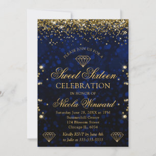 Invitation Bokeh bleu foncé et paillettes dorées Sweet 16