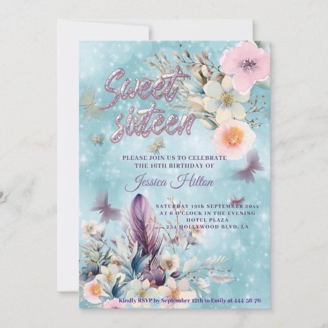Invitation Bokeh bleu sweet sixteen floral de papillon (Devant)