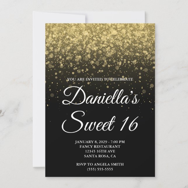 Invitation Bokeh de confettis noir et or Sweet 16 (Devant)