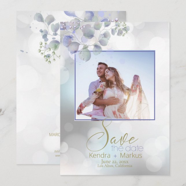 Invitation Bokeh et Lilac Mint Eucalyptus Enregistrer la date (Devant / Derrière)