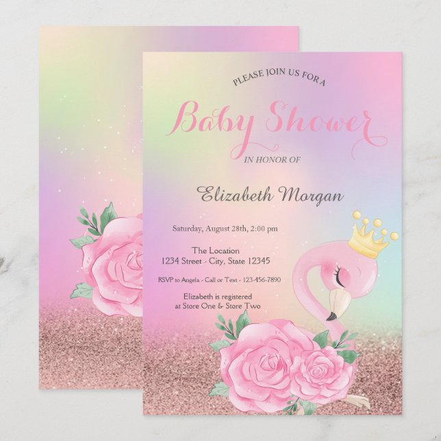 Invitation Bokeh, Flamant rose rose bébé Baby shower holograp (Devant / Derrière)