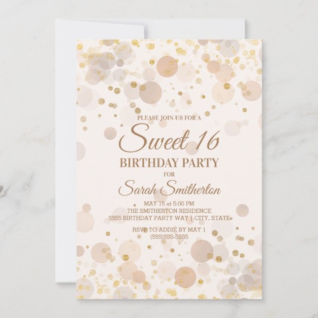 Invitation Bokeh Gold tendance sur Creamy White Sweet 16 (Devant)