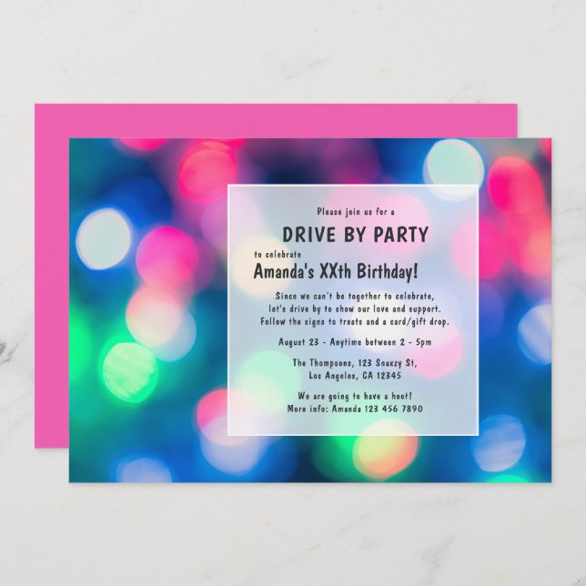 Invitation Bokeh Night Time Drive By Birday Party (Devant / Derrière)