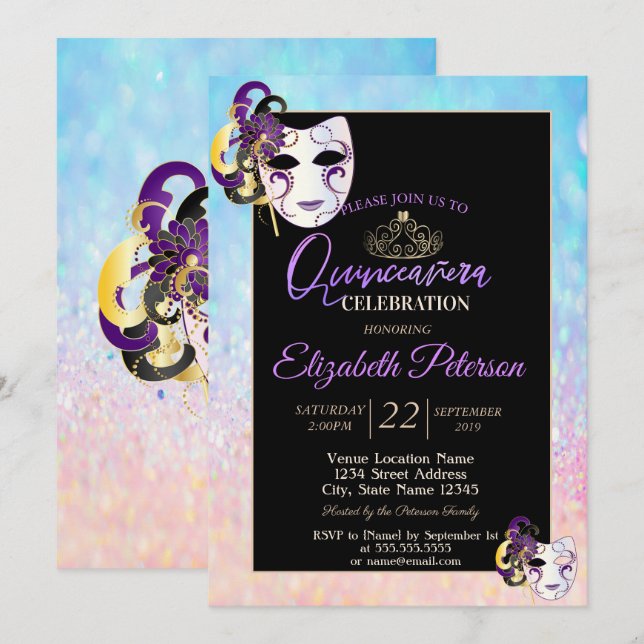 Invitation Bokeh OmbreTiara, Mascarade Quinceañera (Devant / Derrière)
