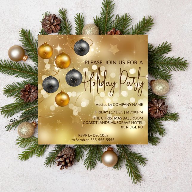 Invitation Bokeh or, décorations de boules noires et or (Christmas holiday party editable template invitation gold theme non religious)