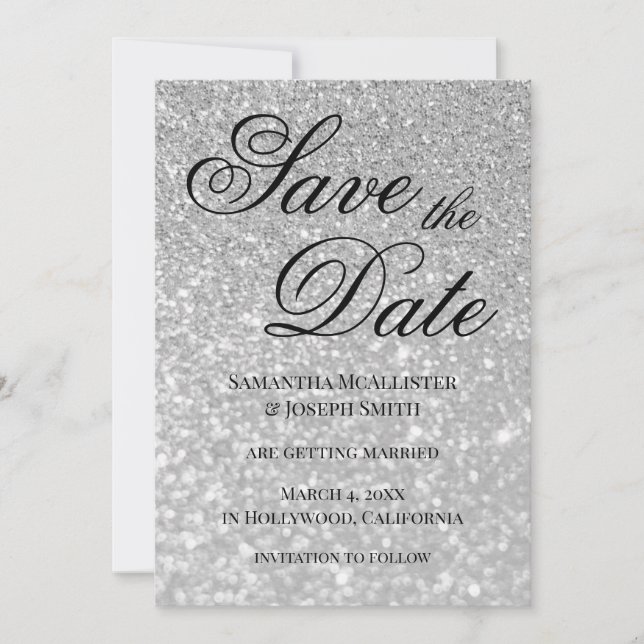 Invitation Bokeh Pâle Argent Glitter Enregistrez la Date (Devant)