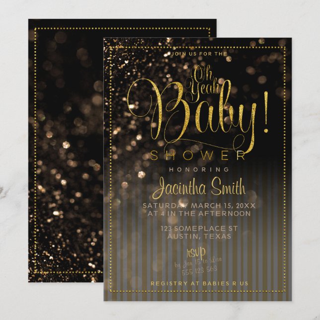 Invitation Bokeh Rayures Fête de Bébé Glam | Oh Oui Bébé ! (Devant / Derrière)