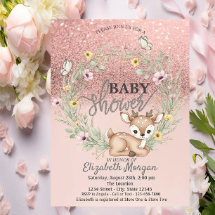 Invitation Bokeh Rose Gold,Fleurs de bébé faon Baby Shower