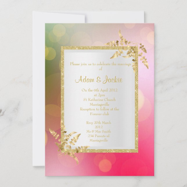 Invitation Bokeh rose violet feuille d'or ÉLÉGANT MARIAGE (Devant)