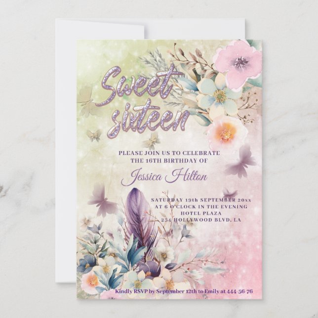 Invitation Bokeh sweet sixteen floral de papillon (Devant)