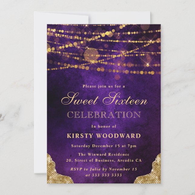 Invitation Bokeh Sweet sixteen violet et or (Devant)