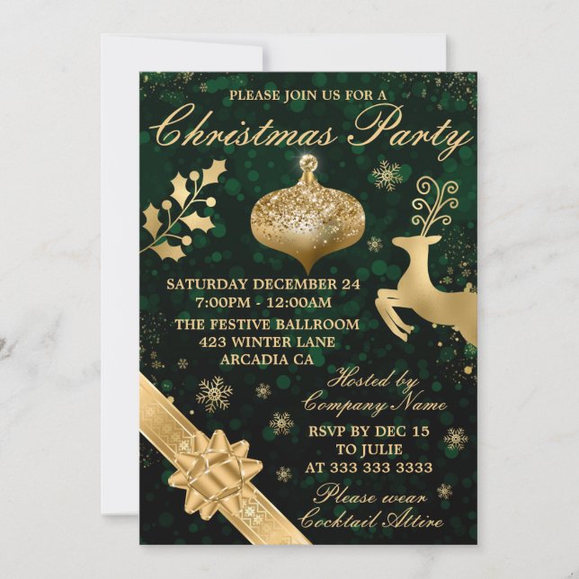 Invitation Bokeh vert & Gold Bauble & Ribbon Christmas Party (Devant)