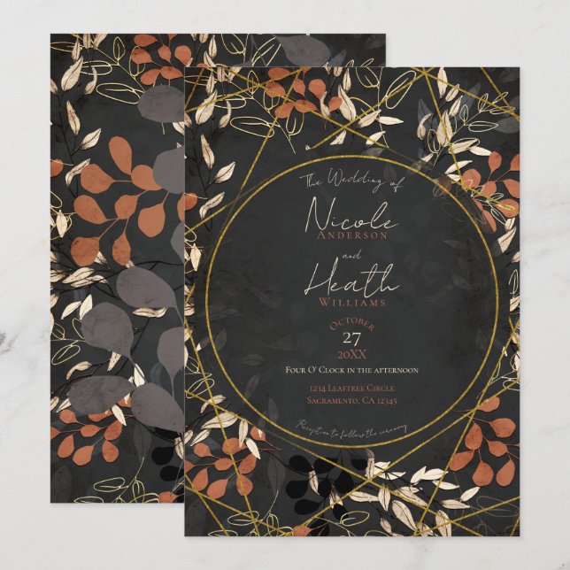 Invitation Bold automne floral terracotta gris or mariage   (Devant / Derrière)