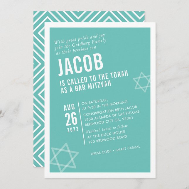Invitation BOLD BAR MITZVAH simple angle moderne menthe blanc (Devant / Derrière)