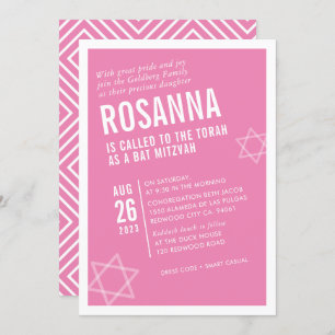 Invitation BOLD BAT MITZVAH simple angle moderne rose blanc