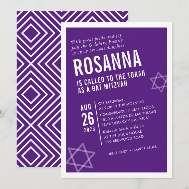 Invitation BOLD BAT MITZVAH simple angle moderne violet blanc (Devant / Derrière)