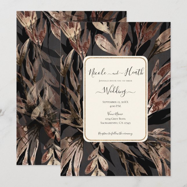 Invitation Bold Bronzy Floral Botanical Chic Mariage (Devant / Derrière)