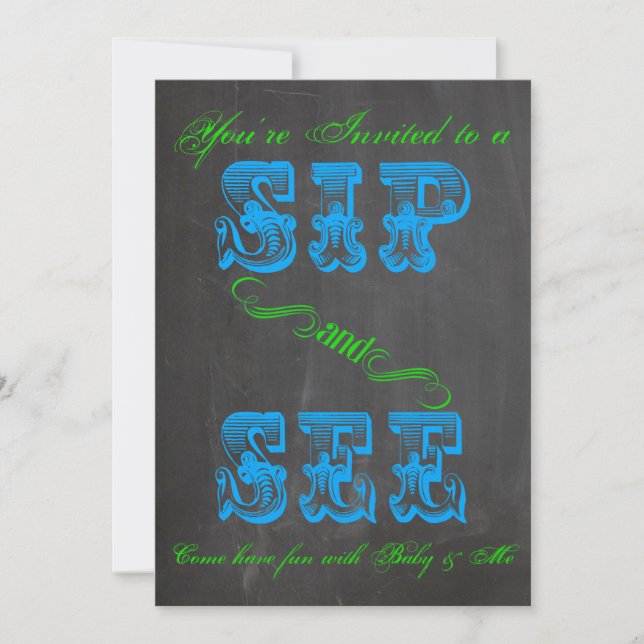 Invitation BOLD Chalkboard Sip et voir Baby shower garçon Inv (Devant)
