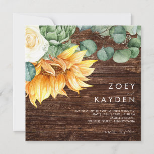 Invitation Bold Country Bouquet de tournesol Carré de bois Ma