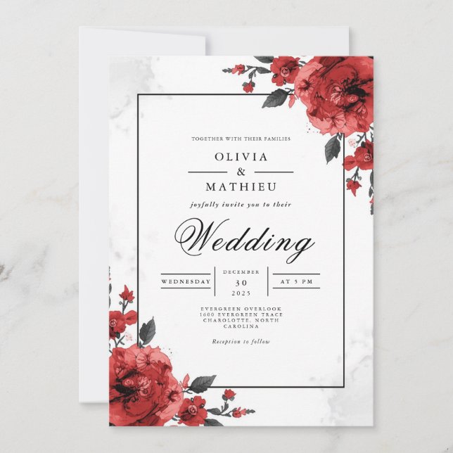 Invitation Bold Crimson Floral Mariage (Devant)