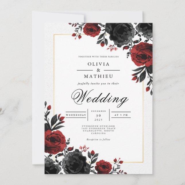 Invitation Bold Crimson Floral Romance Mariage (Devant)