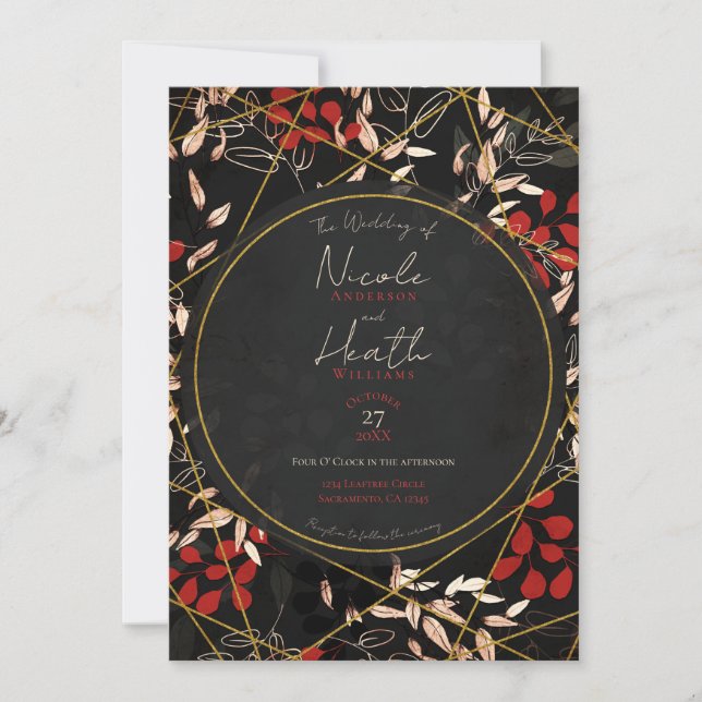 Invitation Bold Dark Floral Rouge Noir Gris Or Mariage   (Devant)