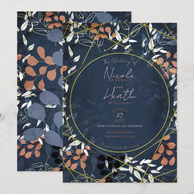 Invitation Bold Fall Floral Terracotta Blue Gold Mariage (Devant / Derrière)